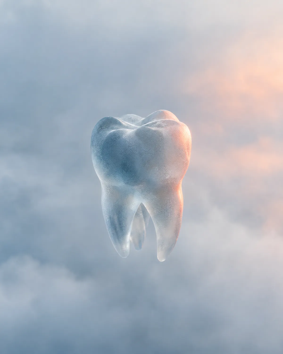 Muela de cristal flotando entre nubes al amanecer, símbolo de clínicas dentales y estéticas