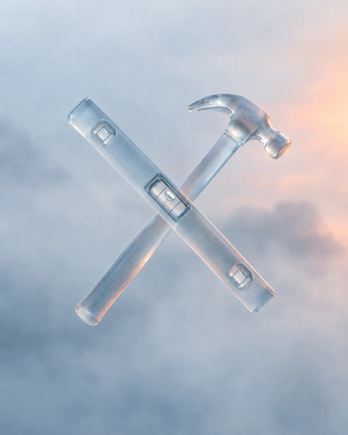 Nivel y martillo de cristal cruzados entre nubes, símbolo de contratistas y servicios del hogar
