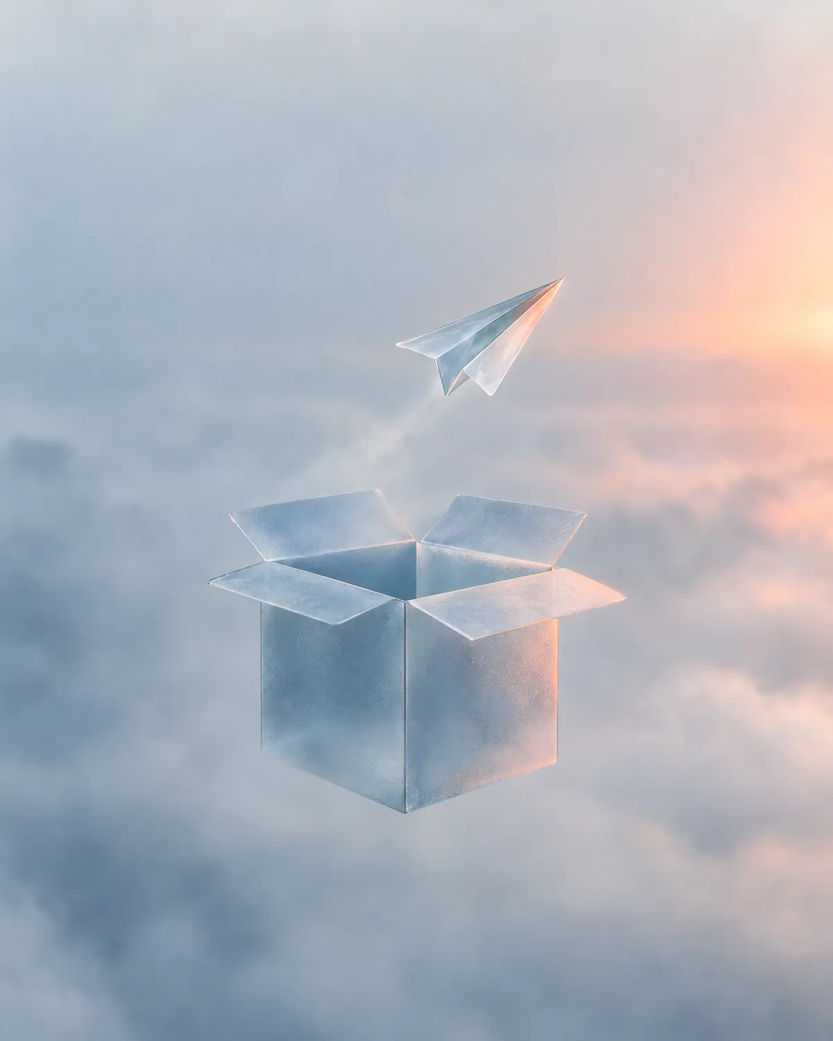 Caja abierta de cristal con un avión de papel saliendo entre nubes, símbolo de e-commerce que exporta