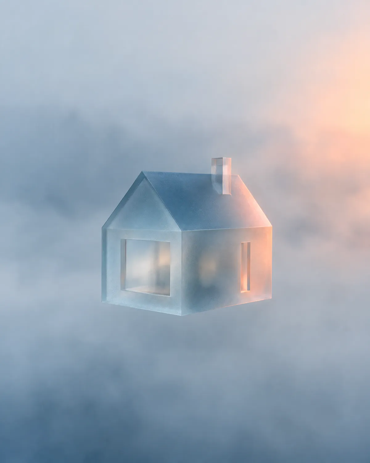 Casa de cristal con ventanas iluminadas flotando entre nubes, símbolo de real estate