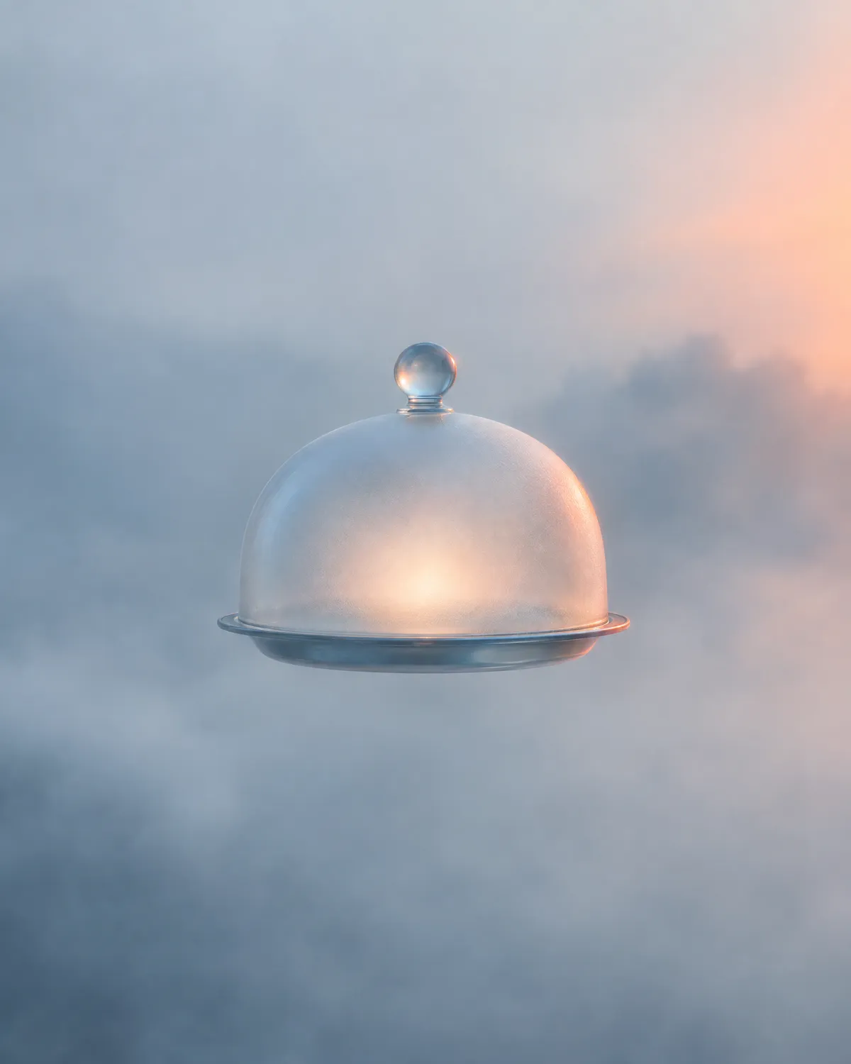 Campana de servicio de cristal flotando entre nubes, símbolo de restaurantes