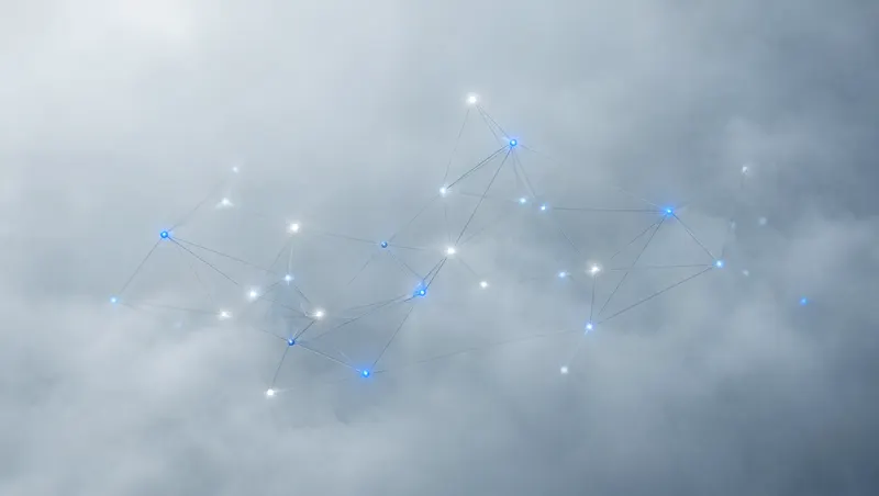 Constelación de puntos de luz conectados entre nubes, símbolo de automatización con inteligencia artificial