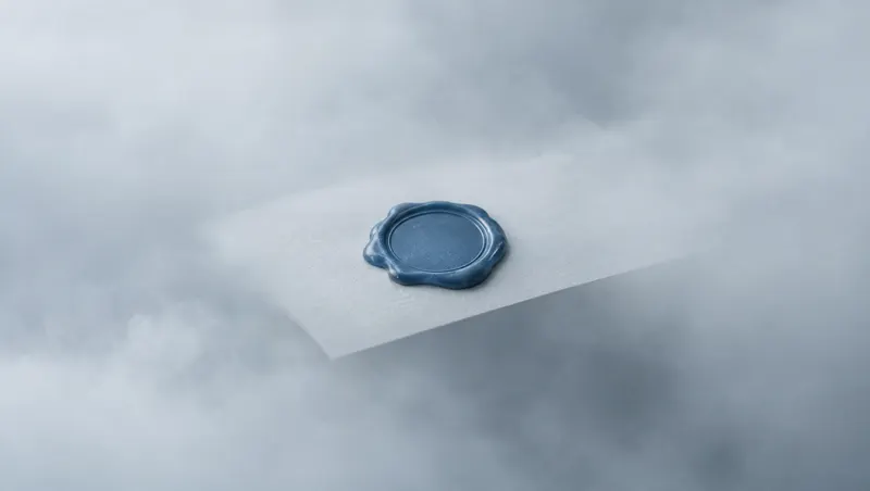 Sello de lacre azul sobre una hoja de papel entre nubes, símbolo de identidad de marca