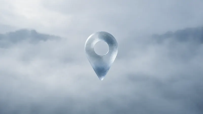 Marcador de mapa de cristal suspendido entre nubes, símbolo de SEO local