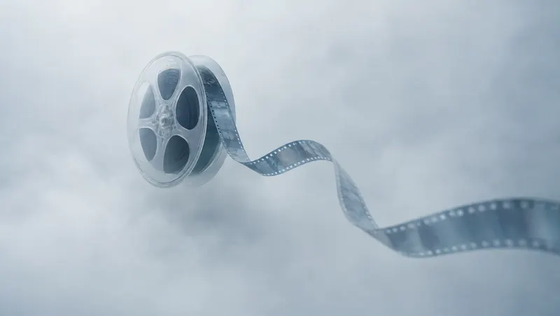 Rollo de película desenrollándose entre nubes, símbolo de contenido para redes sociales
