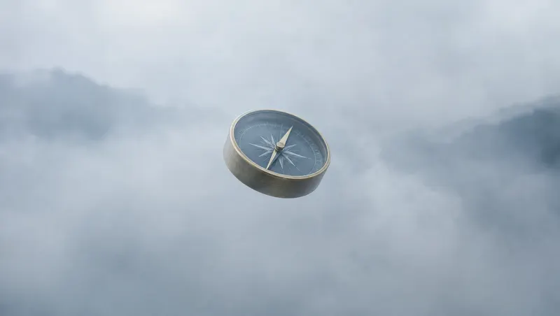Brújula flotando entre la niebla, símbolo de estrategia de marketing