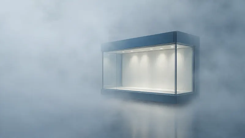 Vitrina de cristal iluminada flotando en la niebla, símbolo de una tienda en línea abierta las 24 horas